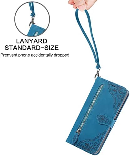 Lüks Kılıf Fermuar Deri Cüzdan Kabuk Fermuar Cüzdan Flip Case Onur X8A 4G Telefon Kapak Bilek Kayışı (Mavi, Onur