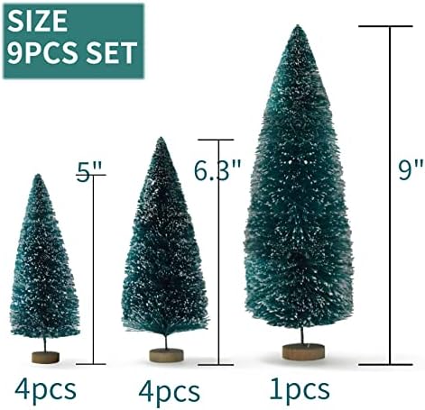 Mini Noel Şişe Fırçası Ağacı Masa Üstü için Mavi-Yeşil-Raflarda Ahşap Tabanlı Dekorlu 9 Paket Yapay Ağaç, Yatak Odası,