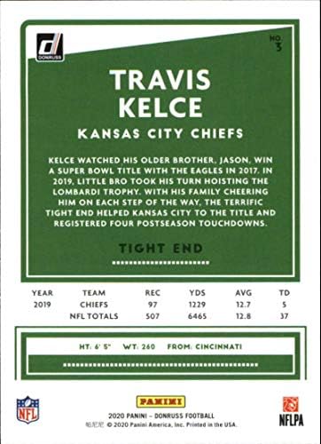 2020 Donruss 3 Travis Kelce Kansas City Chiefs NFL Futbol Kartı NM-MT