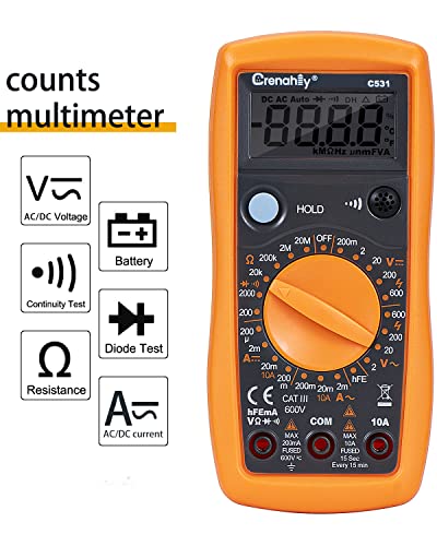 Multimetre DC AC Voltmetre, Direnç, Süreklilik Testi, Diyot, Transistör, Veri Tutma