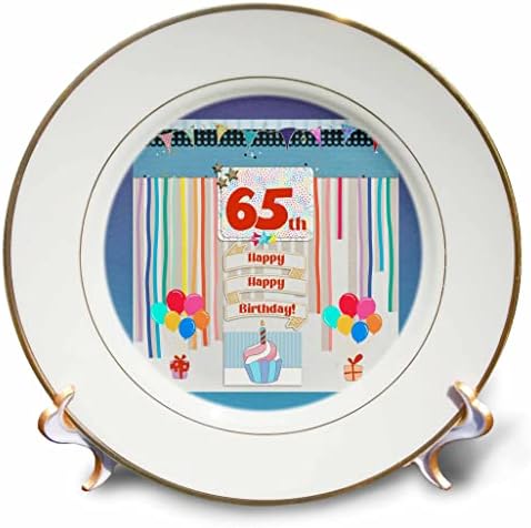 65. Doğum Günü Etiketinin 3dRose Görüntüsü, Kek, Mum, Balonlar, Hediye, Flamalar - Tabaklar (cp_359900_1)