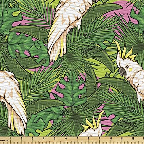 Bahçesinde tarafından Lunarable Papağanlar Kumaş, Tropikal Yeşillik ile sarı Tepeli Kakadu Kuş Egzotik Karayip Tasarım,