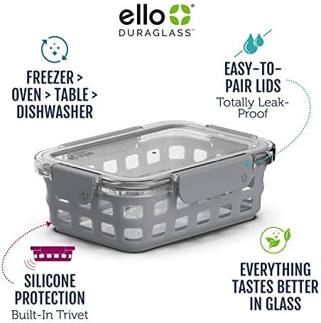 Ello Duraglass Yemek Hazırlama Kabı, Silikon Kılıflı ve Hava Geçirmez BPA İçermeyen Plastik Kapaklı 3,4 bardaklık