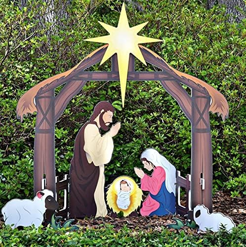 QBOMB Açık Doğuş Sahnesi Noel Dekorasyonu-Noel Kutsal Aile Doğuş Seti bahçe dekorasyonu, Çim ve Kilise Doğuş setiaçık
