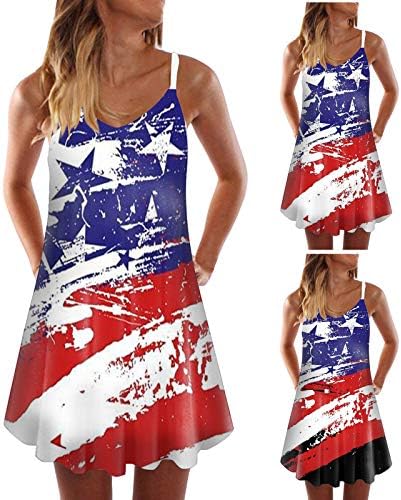 Balakie kadın 4th Temmuz Amerikan Bayrağı Kolsuz T-Shirt Elbise Yaz Rahat Plaj Elbise Cepler ile