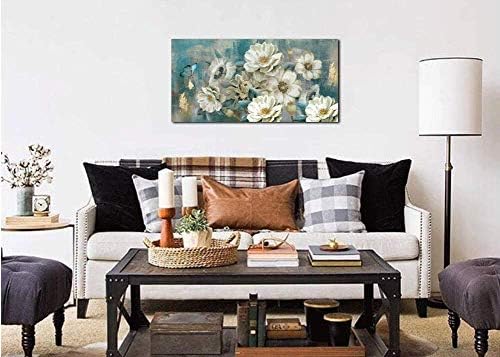 Arjun Beyaz Çiçekler Zarif Modern Resim, Folyo Altın Rustik Boyama 40x 20 ve Deniz Mavisi Okyanus Deniz Feneri Boyama