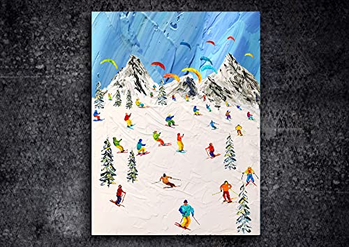 Kar Dağ Manzara Kayak Kayakçı Karlı Orijinal Soyut Yağlıboya Tuval Kış Spor Güzel Sanatlar Yapıt Aile Hediye Duvar