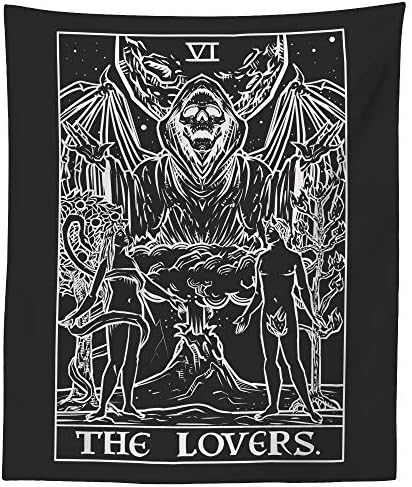 Aşıklar Tarot Kartı Goblen (Siyah & Beyaz) - Grim Reaper-Gotik Çift Cadılar Bayramı Ev Dekor Duvar Asılı (80 x 68)