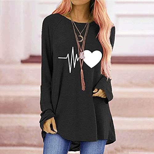 Uzun Kollu Sonbahar Üstleri Kadın O-boyun Moda Rahat Kalp Atışı Aşk Baskı Tunik Gevşek Artı Boyutu T-Shirt
