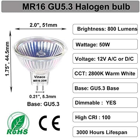 Vinaco MR16 halojen ampul 50 W, 3 adet yüksek çıkış GU5.3 halojen ampul kısılabilir 12 V, uzun ömürlü MR16 GU5.3