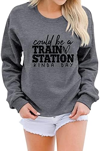 RMCMS Kadınlar Bir Tren İstasyonu Olabilir Tür Günü Ekip Boyun Kazak Sevimli Grafik Tren İstasyonu Uzun Kollu T-Shirt