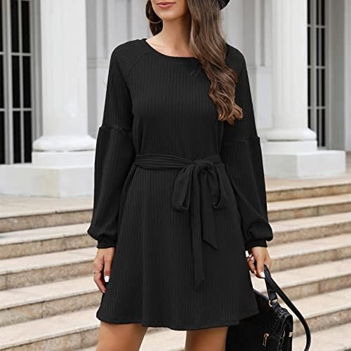 NOKMOPO Kokteyl Elbiseleri Kadınlar ıçin Sonbahar Kış Moda Mizaç Örme Kemer Düz Renk Uzun Kollu Elbise