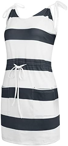 lczıwo kadın Yaz Mini Elbise Rahat Çizgili Spagetti Kayışı V Boyun Kolsuz İpli Bel Plaj Elbise ile Cep