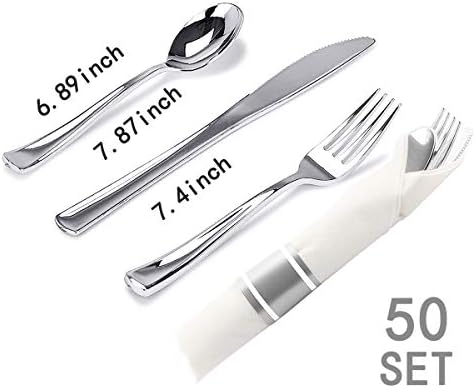 WELLİFE 350 Adet Gümüş Plastik Tabaklar, Gümüş Eşyalar ve Tek Kullanımlık Bardaklar, Şunları İçerir: 50 Yemek Tabağı