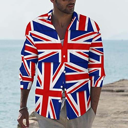 Birleşik Krallık bayrakları erkek yaka düğmesi aşağı uzun kollu gömlek Casual yaz mont cepli