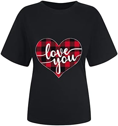 Kadın sevgililer Günü Gömlek Leopar Ekose Kalp Baskı Üstleri kısa kollu t-shirt Ekip Boyun Tatil Casual Bluzlar