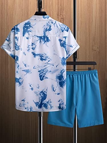 FDSUFDY İki Parçalı Kıyafetler Erkekler için Erkekler Batik Gömlek ve İpli Bel Şort (Renk: Mavi ve Beyaz, Boyut:
