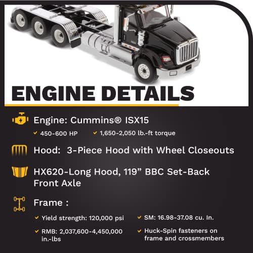 Diecast Ustaları Uluslararası HX620 SBFA Gün Kabin Tridem Traktör | 1: 50 Ölçekli Model Yarı Kamyon / Metalik Siyah