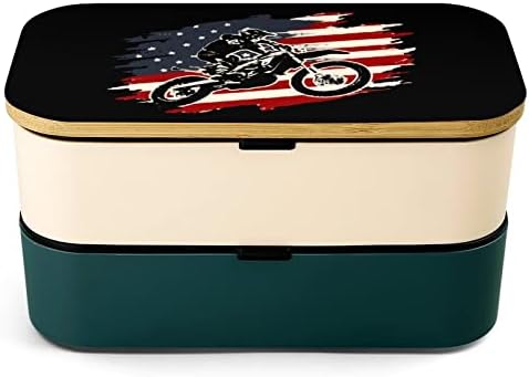 Dirt Bike Motocross Amerikan Bayrağı Öğle Konteyner 2 Istiflenebilir Modern B-tr-to Kutusu Çatal ve Kaşık ile Yemek