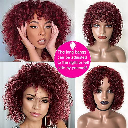 Bestsojoy Kısa kıvırcık insan saçı kahküllü peruk 12 inç Bordo Kinky Kıvırcık Peruk Siyah Kadınlar için 12A Brezilyalı