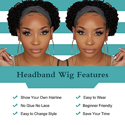 Waveme Kafa Bandı peruk insan saçı Kıvırcık Peruk Siyah Kadınlar için Kısa Bob Peri Peruk Doğal Siyah Yarım Peruk