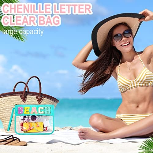 4 Paket Şönil Mektup Çanta, Monogram Seyahat Plaj Aperatif Fermuar Kılıfı için Kozmetik Makyaj Tuvalet, temizle Stoney