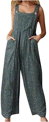 Rahat Tulum Kadınlar için Vintage Çiçekli Baskı Kolsuz Tulum Dantelli Baggy Uzun pantolon Tulum Cepler ile