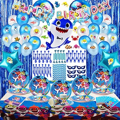 Mavi köpekbalığı doğum günü partisi süslemeleri, çocuklar için 224 adet parti malzemeleri seti Afiş, kek Topper,