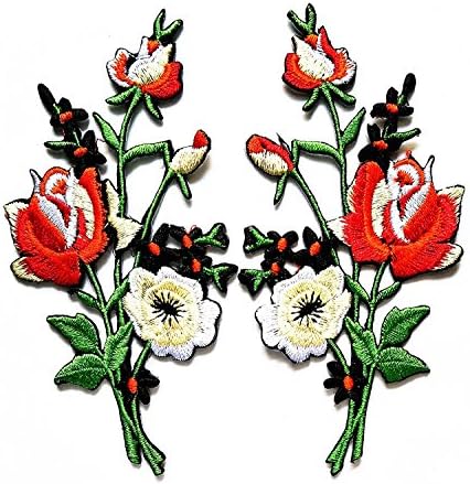 4,4 x 2 inç.Kırmızı siyah güller çift çiçekler çiçek buketi boho işlemeli Yama Çanta Ceket Kot Elbise veya Hediye