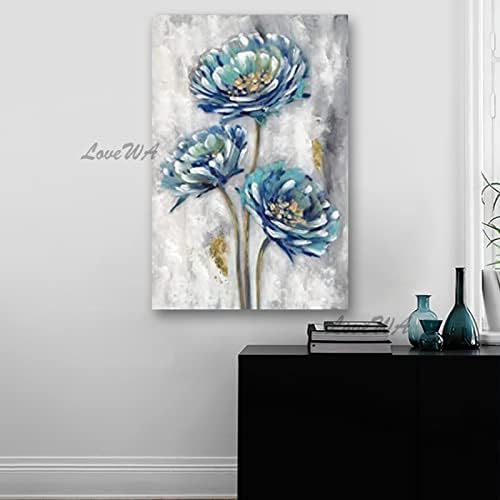 SRZR El Boyalı Yağlıboya Tuval Üzerine Güzel Zarif Mavi Lotus Çiçek Doğa Bitki Soyut Resimler Ev Oturma Odası Ofis