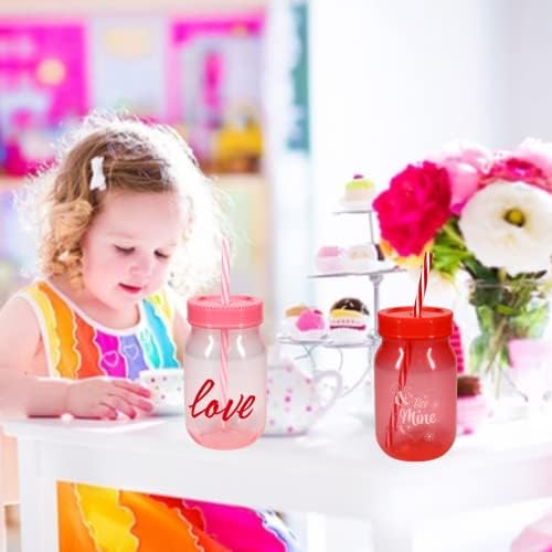 GCM Sevgililer Günü Plastik Pint Kavanoz Kapaklı Bardak ve Saman 16oz Kırmızı Pembe Çocuklar için Yeniden Kullanılabilir