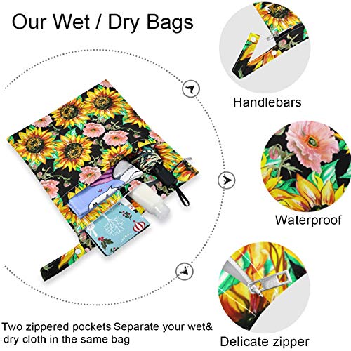 visesunny Ayçiçeği ve pembe siyah Fermuarlı Cepli 2 adet ıslak çanta Yıkanabilir Yeniden Kullanılabilir Seyahat için