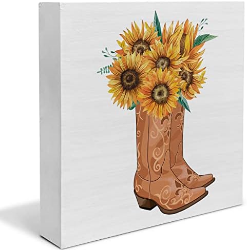 Ülke Ayçiçeği ve Kovboy Çizmeleri Ahşap kutu işareti Dekor Masa İşareti Ayçiçeği Ahşap Kutu Blok İşareti Rustik Ev