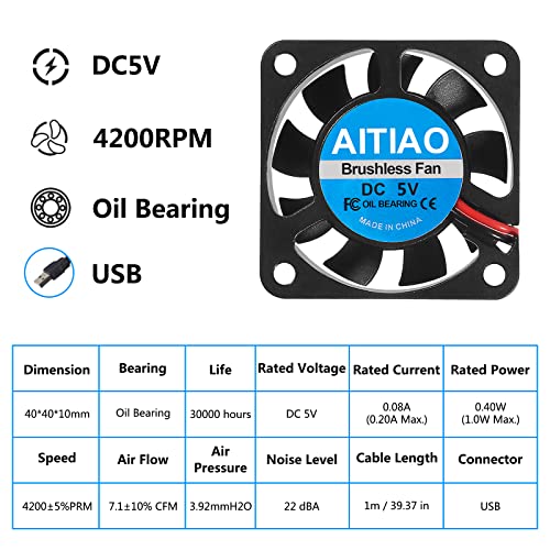 AITIAO 6 Adet 40mm USB Fırçasız Soğutma Fanı 40mm x 10mm DC 5 V Sessiz Soğutma Fanı 4010 Mini bilgisayar fanı Küçük