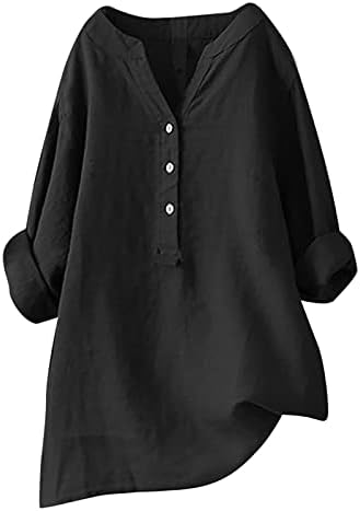 Kadın Gevşek Pamuk Keten Düğme Aşağı Gömlek V Yaka 3/4 Rulo Uzun Kollu Tunik T Shirt Yaz Düz Renk Üst Rahat bluz