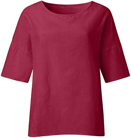 Kadın Pamuk Keten Yarım Kollu Üstleri T-Shirt Katı Yan Bölünmüş Tişörtleri Üst Yaz Casual Crewneck Bluzlar Tunik