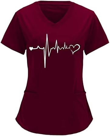 Scrubs Kadınlar için Tops Sıkı Kalp Atışı Baskı tıbbi fırça Üstleri Cep Yaz Yumuşak Kısa Kollu V Boyun Tatil Tunikler