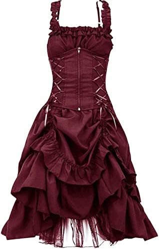 Gotik Elbise Kadınlar için Steampunk Mahkemesi Prenses Elbise Kolsuz İpli Elbise Fırfır Dantel-Up Akşam Parti Elbise