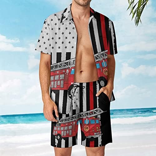 WEEDKEYCAT Itfaiyeci Itfaiyeci Amerikan Bayrağı erkek Plaj Kıyafetleri 2 Parça Hawaiian Düğme Aşağı Gömlek Kısa Kollu