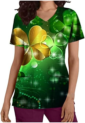 Aziz Patrick Günü Bayan Sevimli Yeşil Baskı V Yaka Scrub_Top Gömlek Kısa Kollu Tunik Bluz