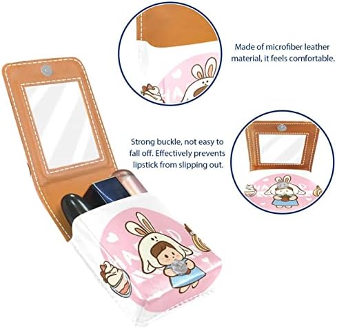 ORYUEKAN Ruj Kılıfı Ayna ile Sevimli Taşınabilir Makyaj Çantası kozmetik torbası, Karikatür Hayvan Tavşan Çilek Kek