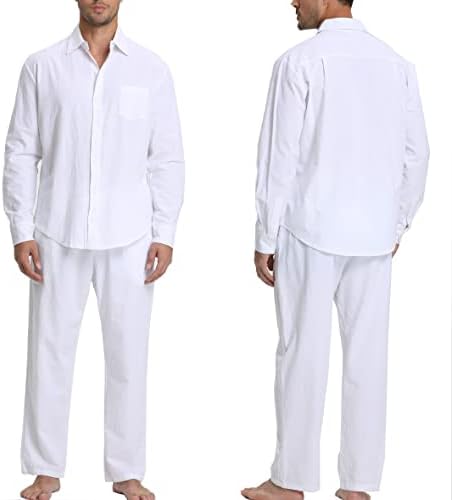 YAOGRO erkek Keten Setleri Kıyafetler: 3 Parça Plaj Düğme Aşağı Gömlek Casual Gevşek Pantolon Kısa Kollu Yürüyüş